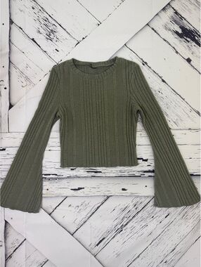 Y2K Boho Olive Green Ribbed Flared Sleeve Knit Cropped Sweater Women’s Small